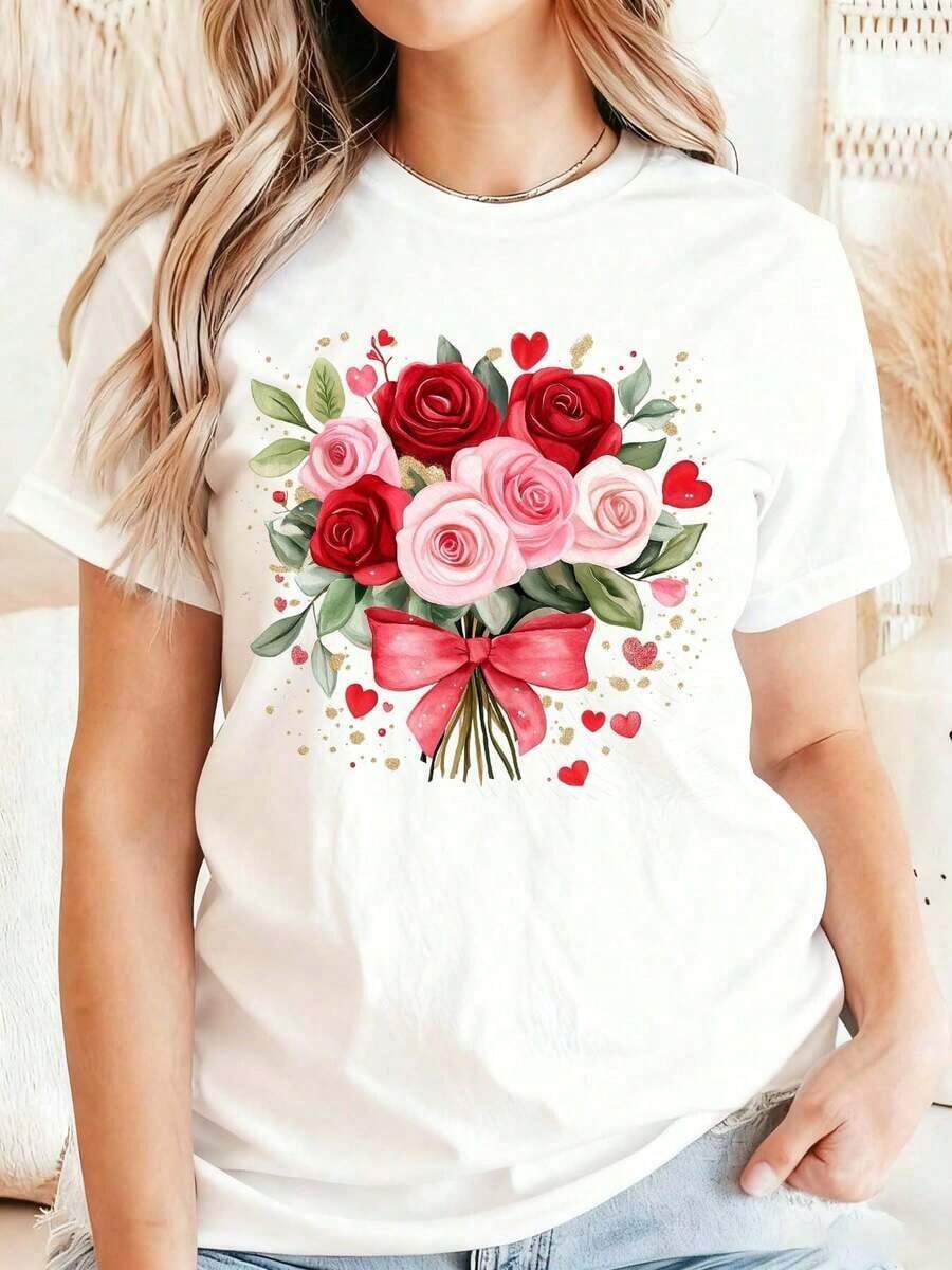 Women's T-Shirt With A Rose And Heart Print In A Casual And Modern Style, Round Neck, Soft And Comfortable, Perfect For Everyday Wear, Parties, Gifts, A Top Choice. Breathable And Comfortable. - 白色 - 查看 1