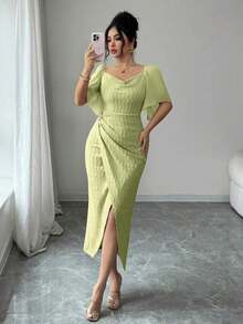 Vestido elegante ajustado con cuello de volantes, mangas de pétalos y hebilla metálica de bloque de color para mujer, primavera/verano - Verde pastel - Ver 7