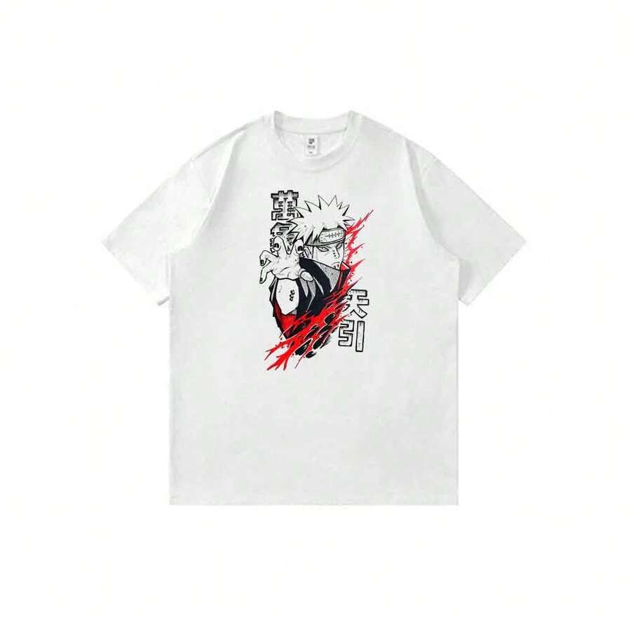 Camiseta unisex retro de anime con estampado gráfico de Narutos, Pain (Nagatos), estilo tatuaje divino, corte holgado, ideal para el verano. - Blanco - Ver 1