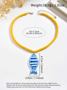 1件波西米亞風手工串珠黃色項鍊，附手繪魚形吊墜，誇張個性創意手工彩色魚珠項鍊，適合女性日常、度假、派對穿搭 - 黃藍 - 查看 4