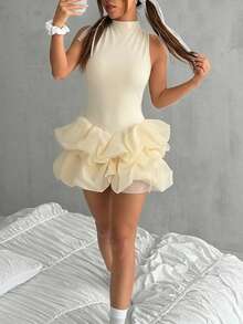 Solid Color Fitted Midi Dress With Elegant And Sensual Floral Design - 黃色 - 查看 4