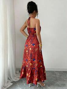 Vestido casual para mujer con camiseta estampada y cintura elástica - Rojo - Ver 2