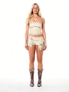 WOMEN Top corset de mujer con bandeau de piel sintética, con adornos de tachuelas metálicas y silueta estructurada para fiestas nocturnas, festivales y atuendos - Beis - Ver 5
