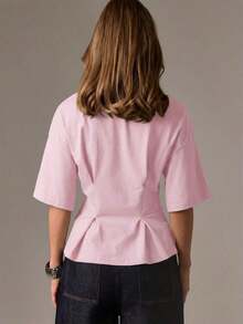 Camiseta de algodón rojo con peplum, de manga corta, cuello redondo, cintura ajustada, casual - Rosa - Ver 2