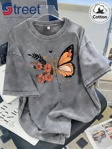 Camiseta de mujer, nueva camiseta de verano vintage de algodón lavado y desgastado, de manga corta, con estampado floral de mariposas naranjas estilo americano, top de talla grande para mujer, corte holgado, hombros caídos, cuello redondo, estilo oversize, cómoda y a la moda, versátil para el día a día, ropa casual de mujer estilo y2k. - Gris - Ver 12