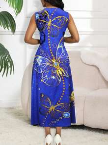 1 Set Women Plus Size Blue Dress With Butterfly Print And Matching Flowy Cardigan, Elegant And Comfortable Summer - Blue - View 4
