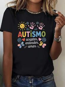 Camiseta Casual para Mujer - Diseño con Estampado de Palma y Mariposa, Temática de Concientización sobre el Autismo - Estilo Estampado - Camiseta Deportiva Casual para Mujer - Manga Corta, Adecuada para Todas las Temporadas, Tela Cómoda, Estilo Urbano, Perfecta para Uso Diario, 100% Algodón - Negro - Ver 1