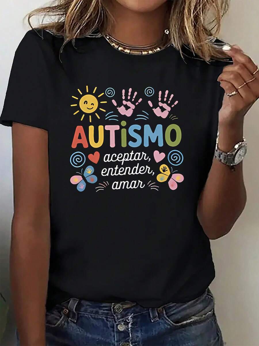Camiseta Casual para Mujer - Diseño con Estampado de Palma y Mariposa, Temática de Concientización sobre el Autismo - Estilo Estampado - Camiseta Deportiva Casual para Mujer - Manga Corta, Adecuada para Todas las Temporadas, Tela Cómoda, Estilo Urbano, Perfecta para Uso Diario, 100% Algodón - Negro - Ver 1