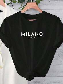 Camiseta de manga corta con cuello redondo y estampado de letras para mujer, camisetas gráficas, tops para mujer, playera - Negro - Ver 1