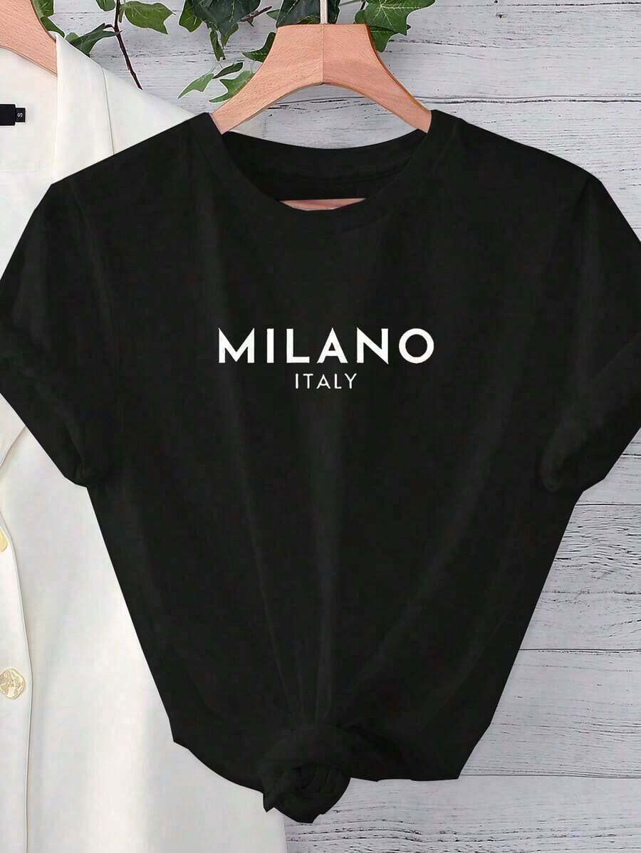 Camiseta de manga corta con cuello redondo y estampado de letras para mujer, camisetas gráficas, tops para mujer, playera - Negro - Ver 1
