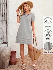 Vestido casual recto de unicolor, cuello redondo, manga corta para mujer, de verano - Blanco y Negro - Ver 6