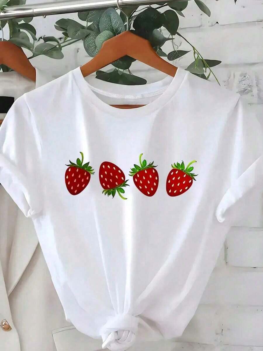 GiftGiftPlayera Women's Graphic Print Basic T-Shirt Short Sleeve Round Neck Strawberry Print Strawberries Fruit Fruit Gym Exercise Aesthetic Regular Casual Comfortable Cool Lightweight Soft Modern Youthful Romantic Bohemian Going Out Home Daily Day Beach Heat Spring Summer Office Versatile CreativeSoftSoft - 白色的 - 查看 1