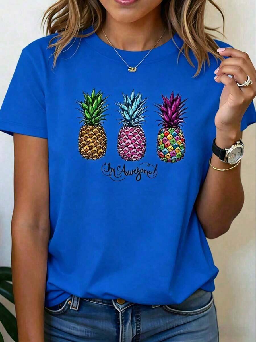 GiftGiftGraphic TeesWomen's Tropical Pineapple Print T-Shirt - Fun Hawaiian Tee With 'I'm Awesome' Text - Lightweight Summer Tee For Beach, Parties And Casual Wear - White Shirt With Colorful Pineapples - Easy Care Crew Neck Blouse, Beach Party Wear, Playful Graphic Tee, Comfortable Fit, Vacation Wear, Cartoon Design, Breathable Material, Short Sleeve Blouse, Women's Cotton Soft - 藍色的 - 查看 1