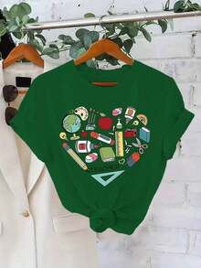 Soft 100% Cotton T-Shirt. Women's Summer T-Shirt With Modern Prints, Casual T-Shirt, 180 Grams. Breathable Cotton Tee, All-Around Cool. - 綠色 - 查看 1