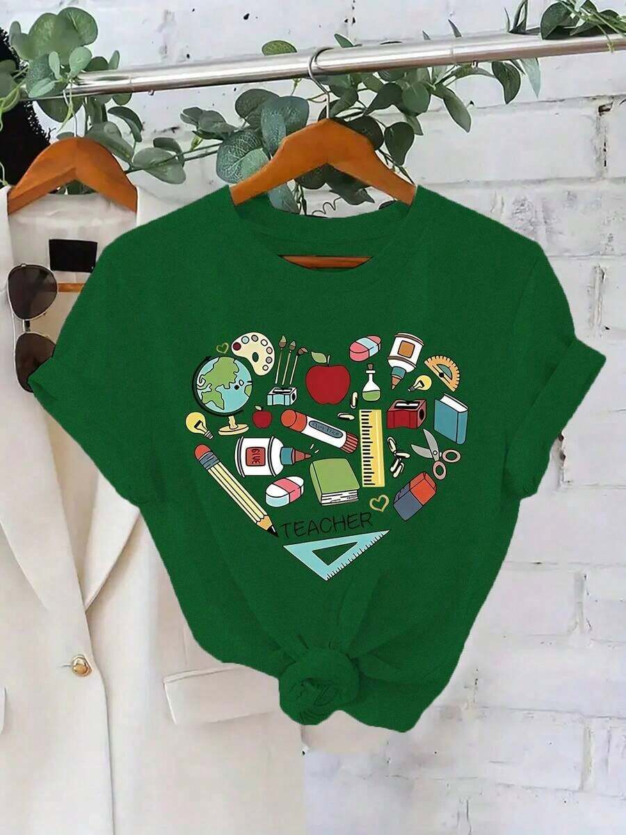 Soft 100% Cotton T-Shirt. Women's Summer T-Shirt With Modern Prints, Casual T-Shirt, 180 Grams. Breathable Cotton Tee, All-Around Cool. - 綠色 - 查看 1