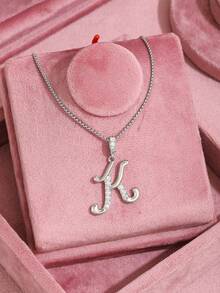 1pc Individuality Cubic Zirconia Exquisite Handwriting Initial Letter Silver Stainless Steel Necklace For Boys Girls Initial Alphabet Pendant Necklace For Daily Wear - Silver - View 4