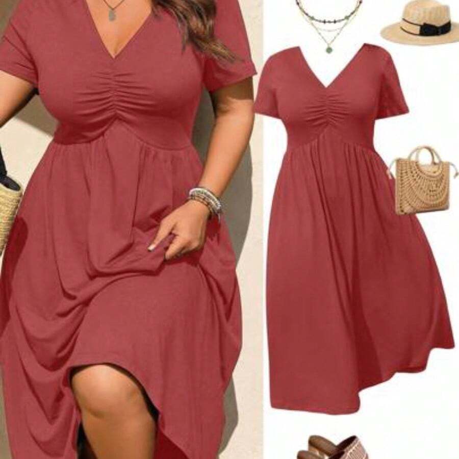 Rometta Elegant Casual V-Neck Pleated Design Short Sleeve Knit Plus Size Women Dress, New Arrival - Color caoba - Ver 1