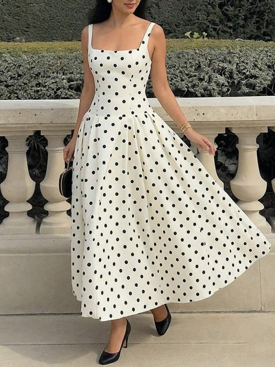Elegant French-Style Long Dress With Straps And Polka Dots For Spring - 白色 - 查看 1