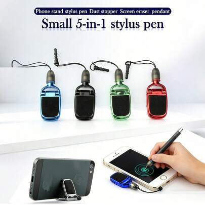 Bút cảm ứng đa năng 5 trong 1 thiết kế dạng mặt dây chuyền, giá đỡ điện thoại di động, dụng cụ lau màn hình, nút chặn bụi, phù hợp với , điện thoại Android và máy tính bảng.