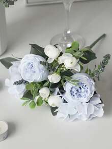 3pcs/4pcs Artificial Blue Hydrangea, Peony, Silk Rose Flower Bouquet, Home Decor, Wedding Bridal Bouquet, Valentine's Day, Birthday, Graduation Gift. Due To Differences In Lighting And Equipment During Photography, The Product Color May Vary Slightly From The Actual Received Item. - Baby Blue - View 4