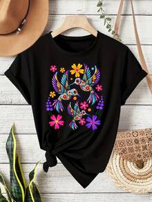 Short-Sleeved T-Shirt With Round Neck, Mexican Style, Bohemian Style, Folk Art Floral Print With Three Birds,  Retro Style, Casual Sports And Fitness Clothing For Women, Suitable For All Seasons, Women's Clothing, Blouses, Beautiful Blouses For Women, Shirts. - 黑色 - 查看 1