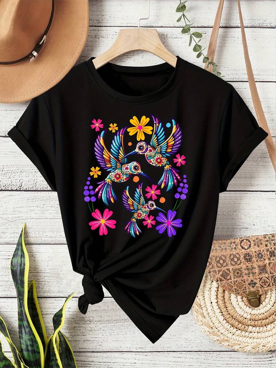Short-Sleeved T-Shirt With Round Neck, Mexican Style, Bohemian Style, Folk Art Floral Print With Three Birds, Retro Style, Casual Sports And Fitness Clothing For Women, Suitable For All Seasons, Women's Clothing, Blouses, Beautiful Blouses For Women, Shirts. - 黑色 - 查看 1