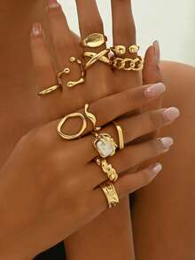 12pcs/Set Pearl Teardrop Adjustable Rings, Geometric Unique Design Elegant Rings, Suitable For Graduation, Anniversary, Festivals, Parties, Daily Wear, Jewelry Gift For Women - Gold - View 2