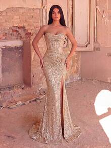Faeriesty Đầm dạ hội không dây đính sequin bóng, thiết kế thắt eo và xẻ cao cho tiệc cưới - Rượu sâm banh - Xem 3