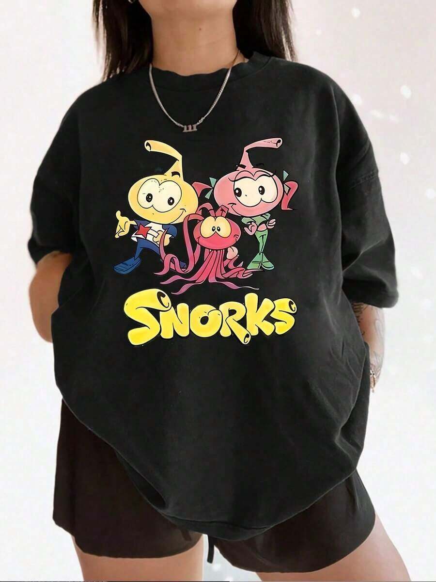Cute Blouses Women's Casual Summer T-Shirt With Classic Anime Print, Round Neck, Short Sleeve, 100% Cotton, 220g Thick Cotton 100% Cotton Blouses For Women Casual - 黑色 - 查看 1