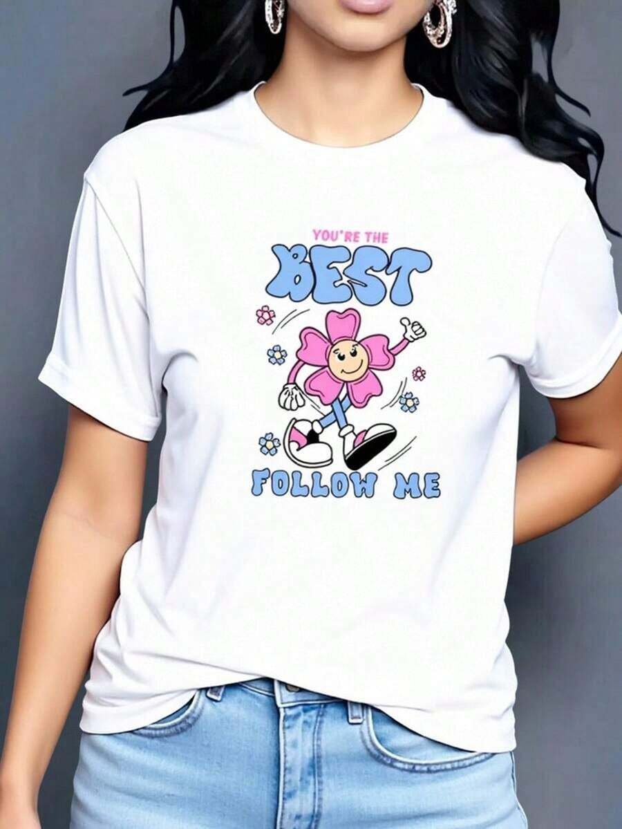 Camiseta informal de mujer con estampado de flores de dibujos animados Camiseta oversize informal para mujer con estampado floral Walking Cartoon Camisetas de Mujer - Blanco - Ver 1