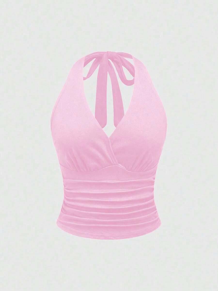 Punk Parte superior con estampado de leopardo y cuello de halter para mujer, escuela - Rosa - Ver 1