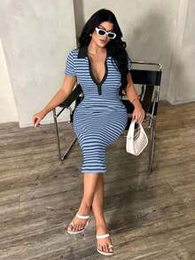Vestido polo de manga corta a rayas blanco y negro de estilo minimalista y casual para ir al trabajo, vestido de punto de media longitud con ajuste ceñido y gran elasticidad, vestido elegante francés - Azul - Ver 6