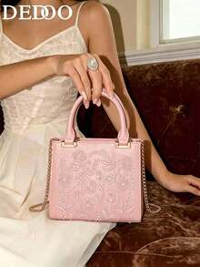 Dedoo Satin Faux Pearl Women's Mini Handbag, Women's Chain Shoulder Bag, Fashion Small Tote Bag, Women's Luxury Designer Fashion Handbag - Pink - View 2