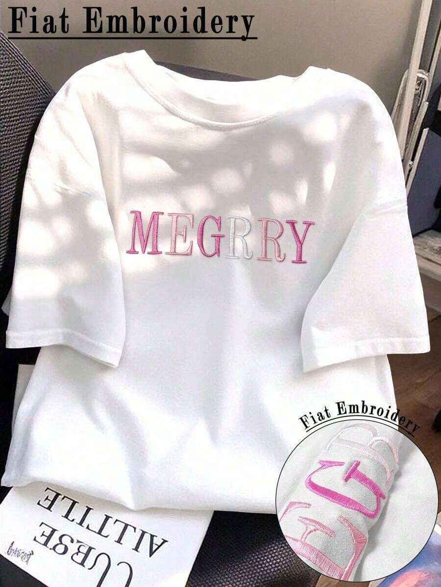 Camiseta ajustada de casual de manga corta y cuello redondo con bordado de letras para mujer de verano - Blanco 2 - Ver 1