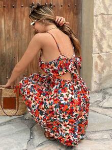 Vestido casual de tirantes con nudo delantero y espalda descubierta con estampado floral diminuto para vacaciones - Multicolor - Ver 7