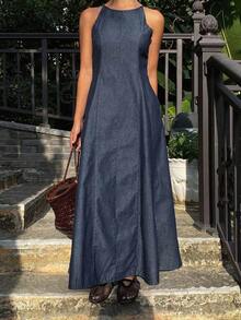 Vestido largo de verano de mezclilla con cuello halter y estilo casual, vestido maxi de estilo vacacional para mujer - Azul lavado oscuro - Ver 3