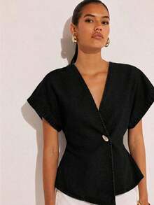 Denim Blusa de mezclilla de manga de murciélago con un solo botón de moda para mujer, de verano - Negro - Ver 3
