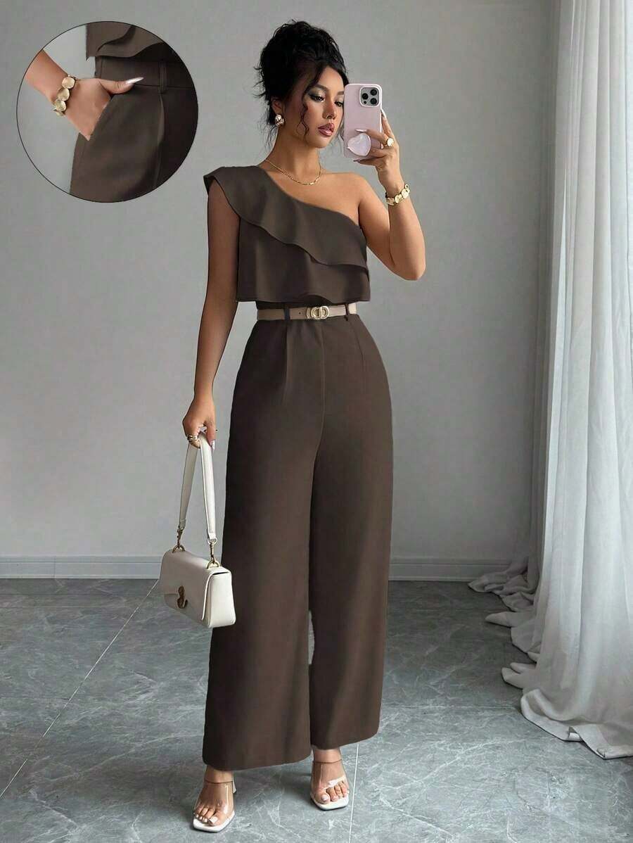 Mono de mujer con diseño casual apropiado para vacaciones de primavera/verano, adecuado para la oficina, el transporte, la playa y la hora del té de la tarde, con tirantes de espagueti, cintura con doble volante y silueta recta y suelta - Marrón - Ver 1