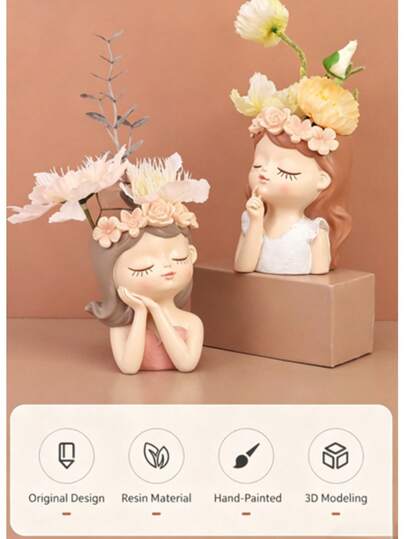 1pc Cute Girl Resin Flower Vase, Suitable For Home, Office And Garden Decor, Also An Excellent Gift For Christmas And Halloween, Can Be Used To Plant Small Plants