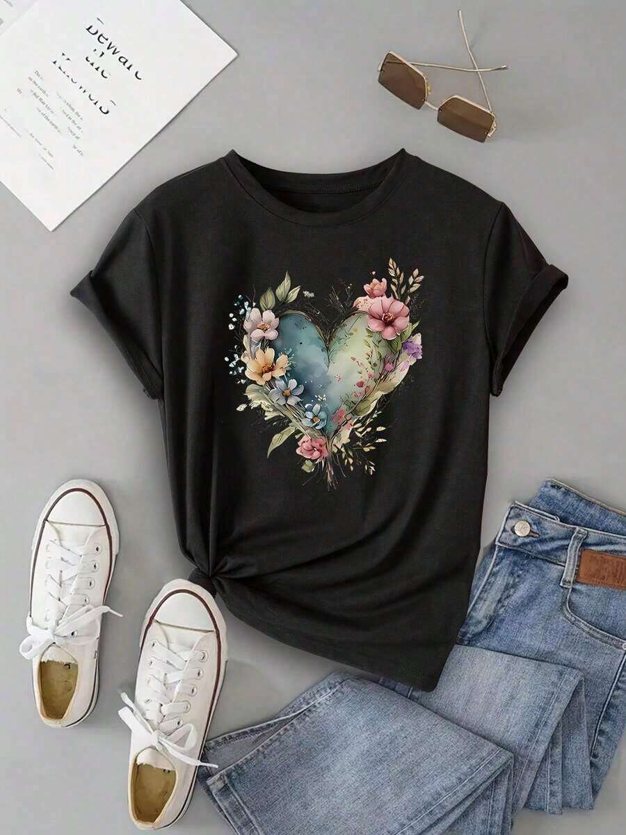 Camiseta de Cuello Redondo con Estampado de Ramo de Flores en Forma de Corazón para Mujer, Tejido Transpirable y Cómodo para el Verano - Negro - Ver 1