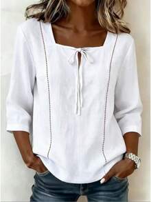 2026 Women's Casual Square Neck And Lace-Up Shirt, Mid-Length Sleeves, Women's Short-Sleeved Casual Shirt, Women's Short-Sleeved Sports Shirt. - White - View 1