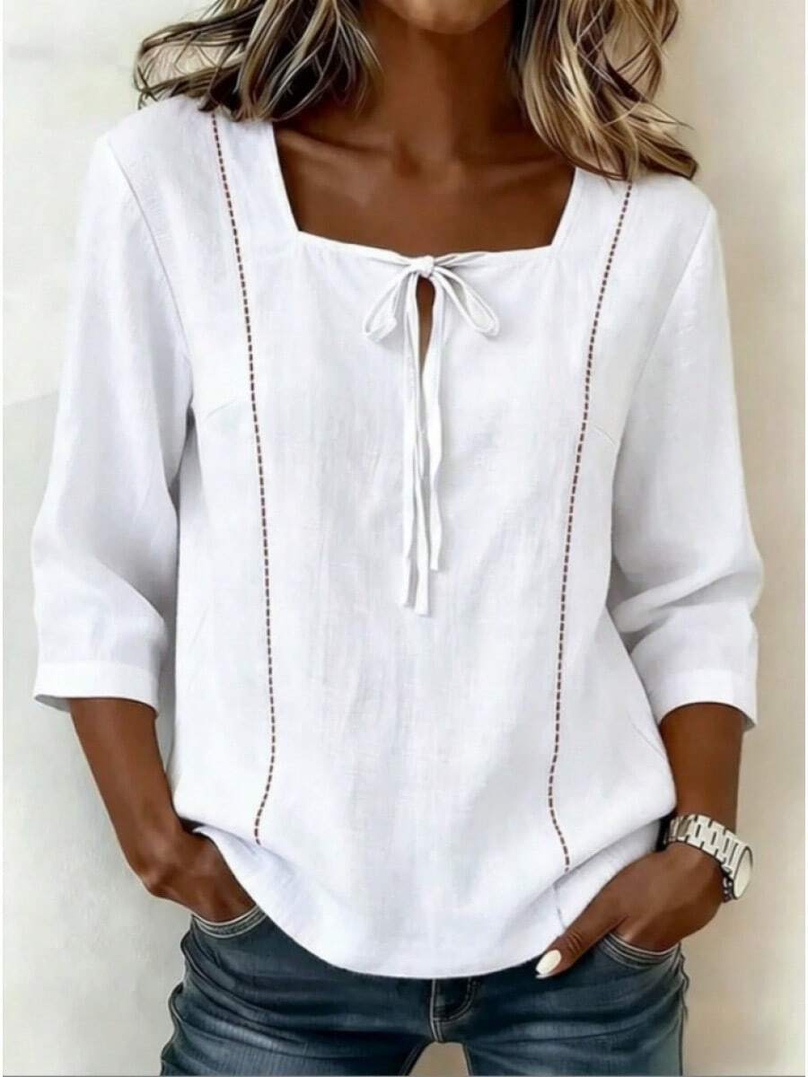 2026 Women's Casual Square Neck And Lace-Up Shirt, Mid-Length Sleeves, Women's Short-Sleeved Casual Shirt, Women's Short-Sleeved Sports Shirt. - White - View 1