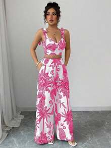 Top de tirantes con nudo y pantalones de pierna recta con estampado azul y blanco bohemio, conjunto de 2 piezas para vacaciones - Rosa Fucsia - Ver 4