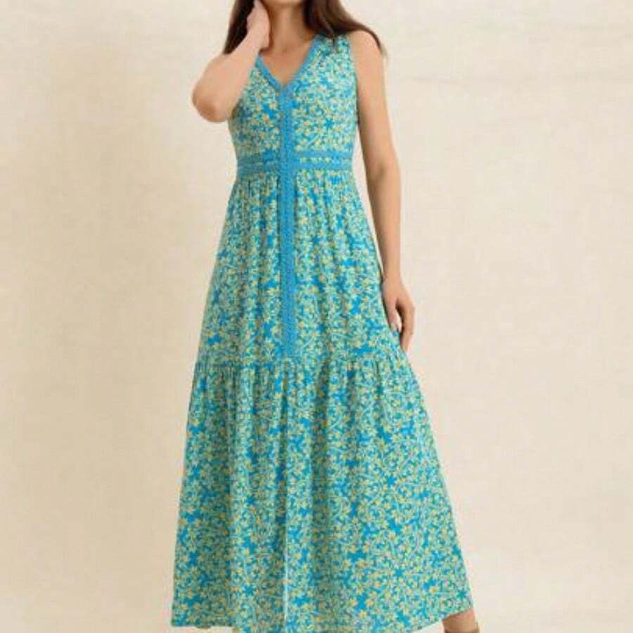 Long Sleeveless Casual Vacation Dress With Lace Collar, Suitable For Bohemian, Beach, Tropical Resort Occasions, New Year Party Outfit White Summer Elegant - Azul - Ver 1