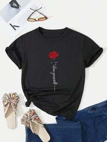 Envío gratis, entrega local enéxico, entrega en 4 días. Camiseta casual de manga corta con cuello redondo y estampado de rosas. - Negro - Ver 3