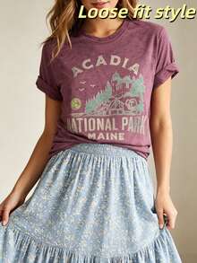 Vintage Maine Acadia National Park Graphic T Shirt For Hikers Retro Style Casual Crew Neck Tee With Mountain& Star Design Soft Polyester Blend - 玫紅色 - 查看 4
