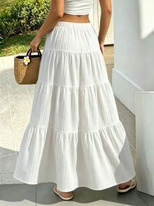 Plus Size Women's Spring/Summer Casual Solid Color Elastic Waist Tie-Up Patchwork Flared Loose Skirt - White 1 - View 2
