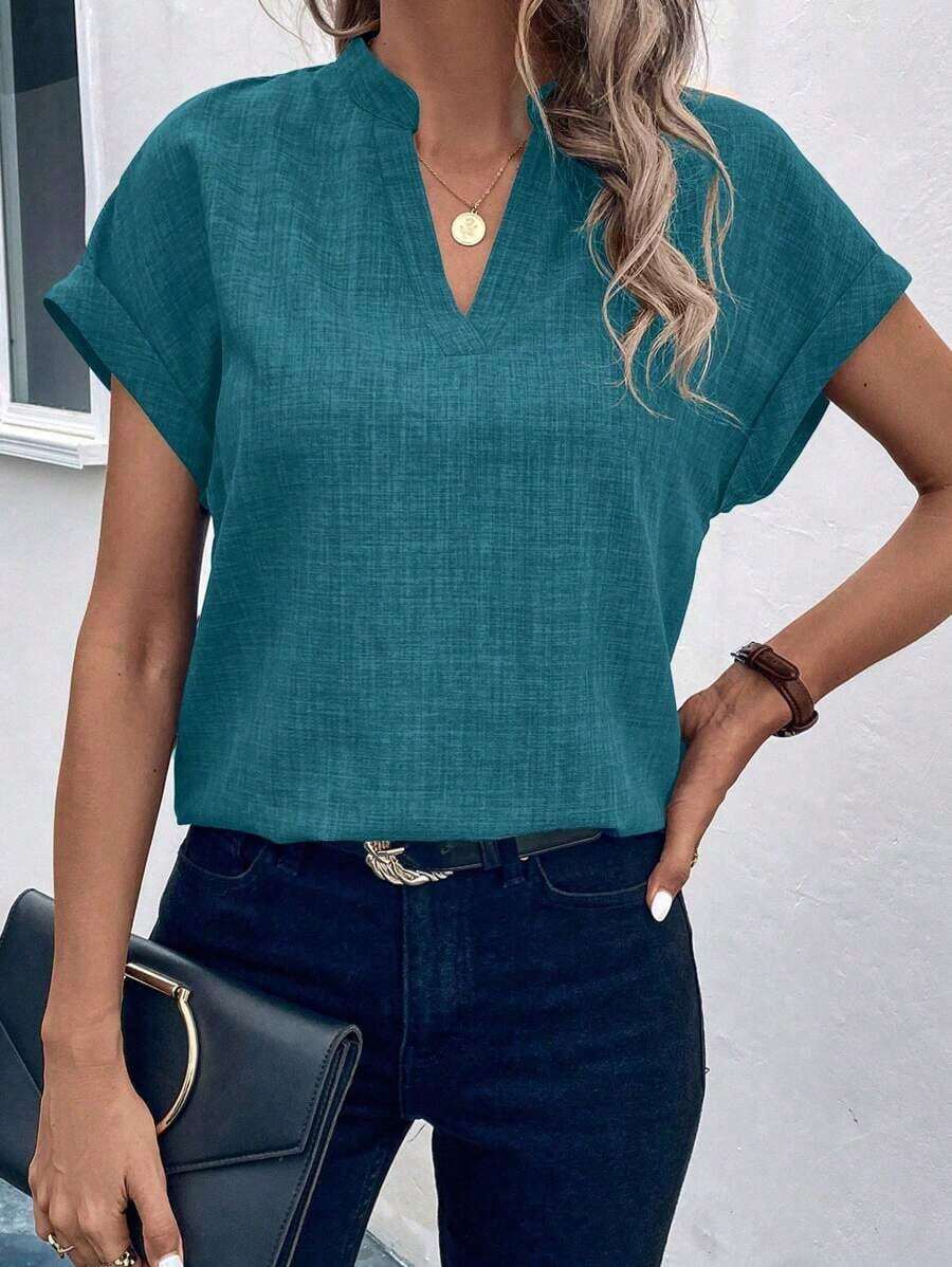 Camisa casual de mujer de manga corta con cuello entallado de unicolor, para verano - Azul 3 - Ver 1