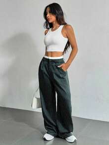Pantalones anchos de mujer con pliegues y rayas, con cintura de bloques de color para otoño/invierno - Verde Oscuro - Ver 4