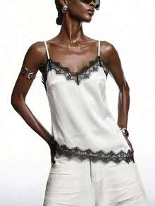 2026 Nueva Blusa Minimalista de Primavera Verde Oliva de Encaje y Satén Brillante, Elegante Camisola con Ribete de Encaje Adecuada para Primavera/Verano; Elegante Camisa Adecuada para Fiesta, Primavera, Navidad, Año Nuevo; Elegante Camisola de Satén - Blanco - Ver 1